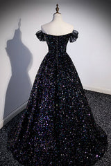 Bridesmaid Gown, Black Off the Shoulder Beaded Long Formal Dress, Black Shiny Sequins Evening Dress