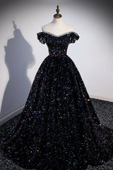 Couture Gown, Black Off the Shoulder Beaded Long Formal Dress, Black Shiny Sequins Evening Dress