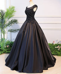 Bridesmaid, Black Round Neck Lace Long Prom Dress, Black Evening Dress