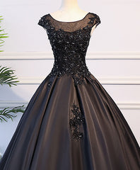 Blue Bridesmaid Dress, Black Round Neck Lace Long Prom Dress, Black Evening Dress