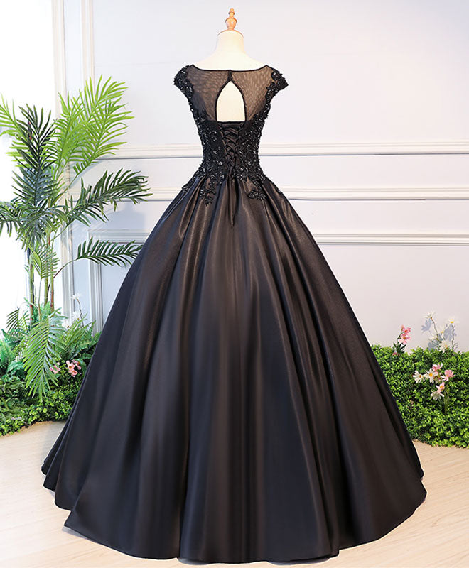 Pink Bridesmaid Dress, Black Round Neck Lace Long Prom Dress, Black Evening Dress