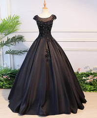 Bridesmaid Dresses Photos Gallery, Black Round Neck Lace Long Prom Dress, Black Evening Dress