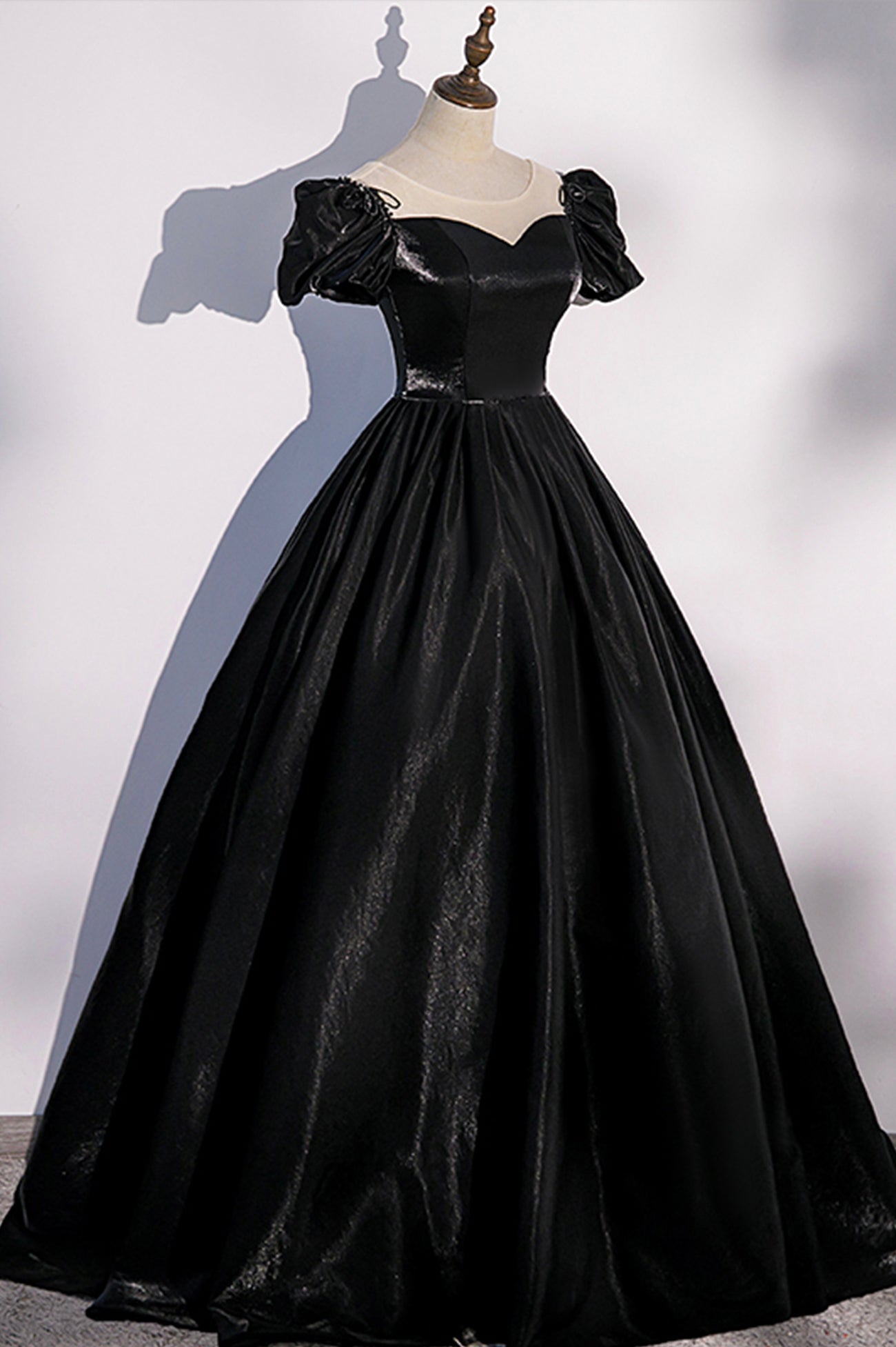 Party Dress Cocktail, Black Satin Long Prom Dress, Black A-Line Short Sleeve Evening Dress