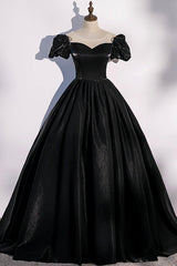 Party Dresses Weddings, Black Satin Long Prom Dress, Black A-Line Short Sleeve Evening Dress