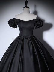 Party Dress For Girl, Black Satin Long Prom Dresses, Black Long Formal Sweet 16 Dress