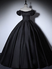 Party Dress For Over 52, Black Satin Long Prom Dresses, Black Long Formal Sweet 16 Dress