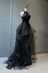 Graduation Outfit, Black Shiny Tulle Long Party Dress with Beaded, Black Evening Dress