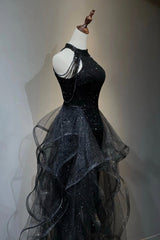 Little Black Dress, Black Shiny Tulle Long Party Dress with Beaded, Black Evening Dress