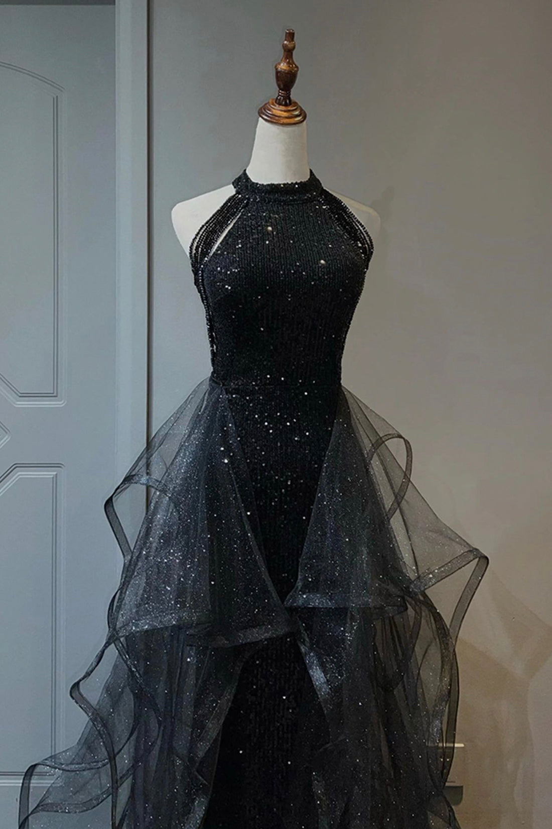 Gown Dress Elegant, Black Shiny Tulle Long Party Dress with Beaded, Black Evening Dress