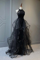 Glam Dress, Black Shiny Tulle Long Party Dress with Beaded, Black Evening Dress