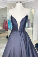 Bridesmaid Dress For Beach Wedding, Black Strapless Satin Long Prom Dress, Black A-Line Evening Dress