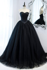 Homecoming Dress Cute, Black Strapless Tulle Long A-Line Prom Dress, Black Formal Evening Gown