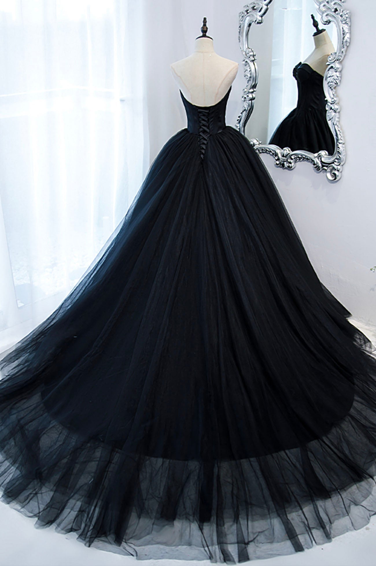 Homecoming Dress Inspo, Black Strapless Tulle Long A-Line Prom Dress, Black Formal Evening Gown