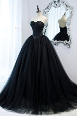 Homecomming Dresses Cute, Black Strapless Tulle Long A-Line Prom Dress, Black Formal Evening Gown