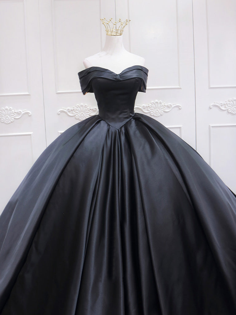 Prom Dresses For Kids, Black Sweetheart Neck Satin Long Prom Gown, Black Sweet 16 Dress