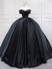 Black Dress, Black Sweetheart Neck Satin Long Prom Gown, Black Sweet 16 Dress