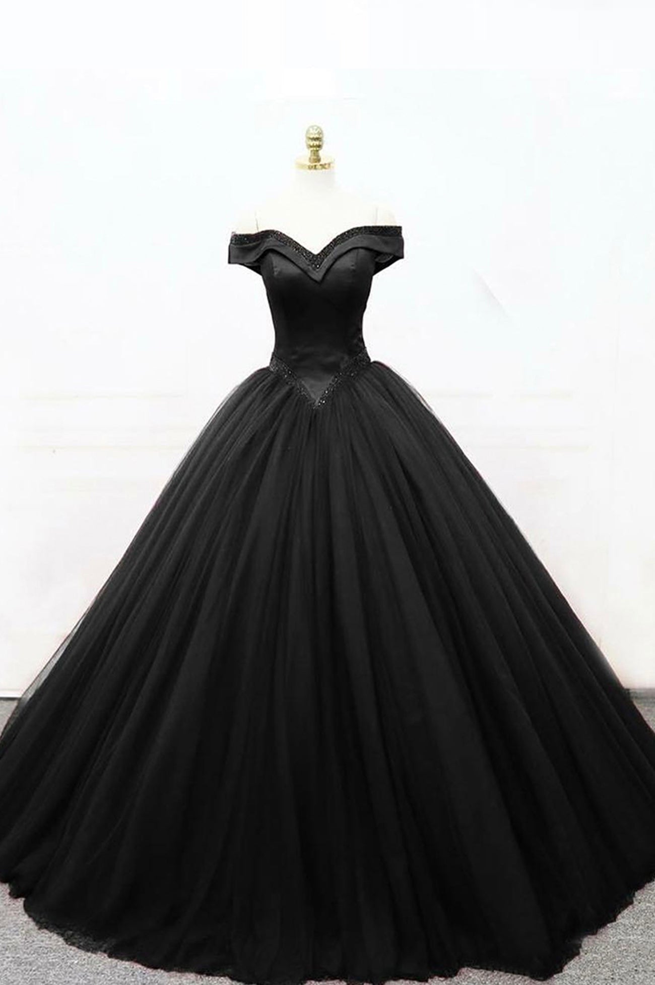 Party Dress Night, Black Tulle Beaded Long Ball Gown, A-Line Off the Shoulder Evening Formal Gown