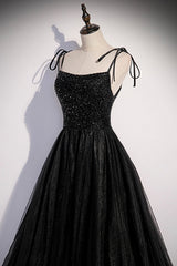Bridesmaid Nail, Black Tulle Beaded Long Prom Dress, A-Line Spaghetti Straps Evening Dress