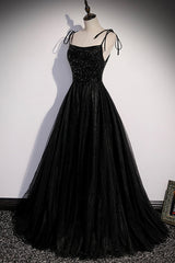 Short Prom Dress, Black Tulle Beaded Long Prom Dress, A-Line Spaghetti Straps Evening Dress