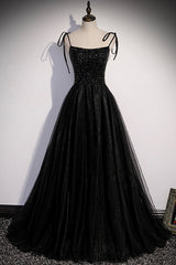 Floral Bridesmaid Dress, Black Tulle Beaded Long Prom Dress, A-Line Spaghetti Straps Evening Dress