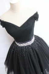 Formal Dress Short, Black Tulle Beaded Short Prom Dress, Off Shoulder Evening Party Dress
