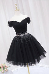 Formals Dresses Short, Black Tulle Beaded Short Prom Dress, Off Shoulder Evening Party Dress