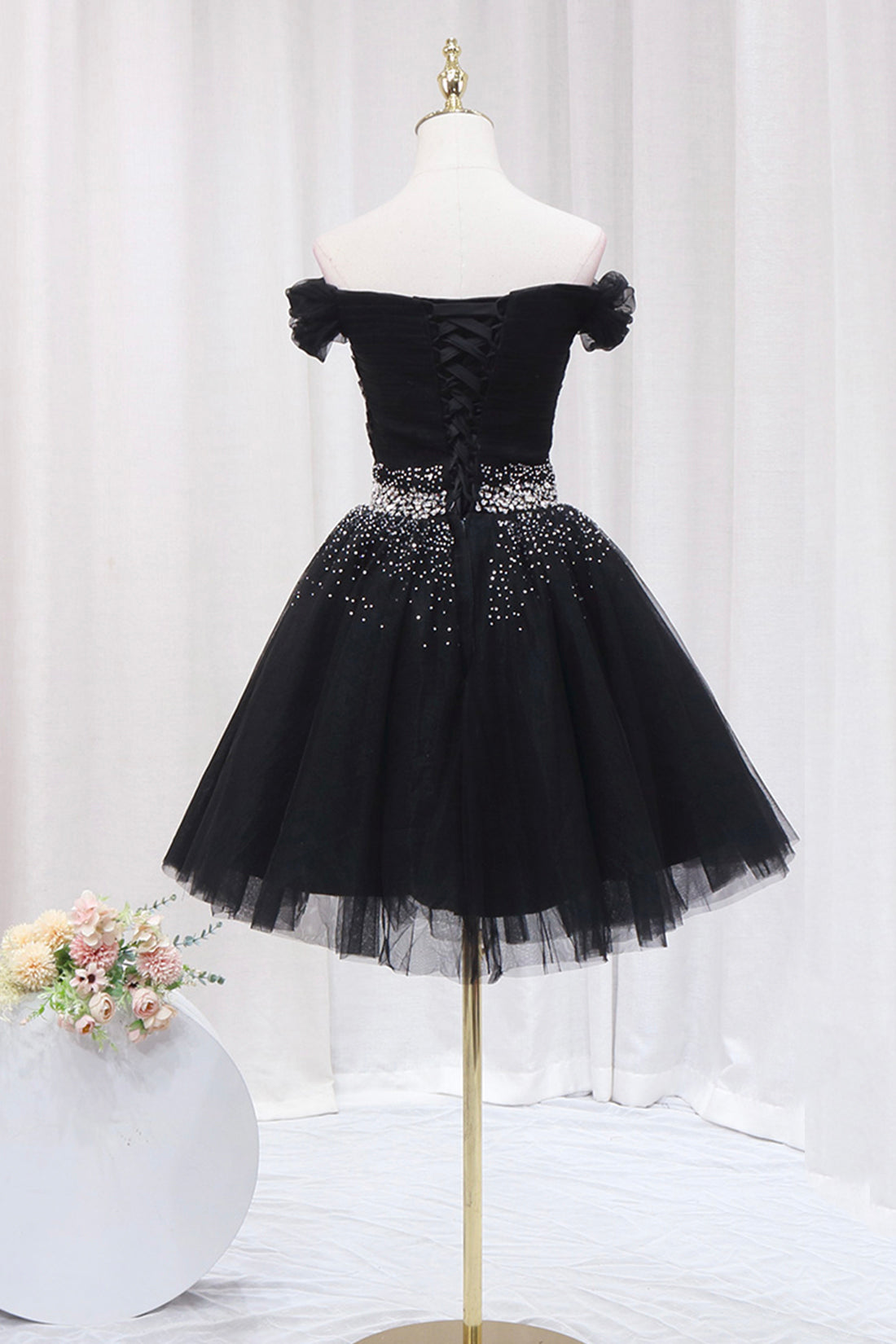 Formall Dresses Short, Black Tulle Beaded Short Prom Dress, Off Shoulder Evening Party Dress