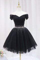 Formal Dress Elegant Classy, Black Tulle Beaded Short Prom Dress, Off Shoulder Evening Party Dress