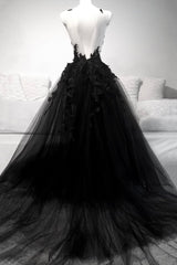 Party Dress On Sale, Black Tulle Lace Long A-Line Prom Dress, Black V-Neck Evening Dress