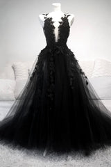Party Dresses On Sale, Black Tulle Lace Long A-Line Prom Dress, Black V-Neck Evening Dress