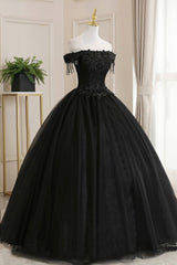 Blue Prom Dress, Black Tulle Lace Long Prom Dress, Black A-Line Evening Gown