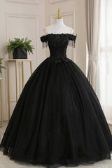 Ball Gown, Black Tulle Lace Long Prom Dress, Black A-Line Evening Gown