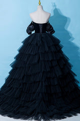 Sun Dress, Black Tulle Layers Long Formal Dress, Black A-Line Strapless Evening Dress
