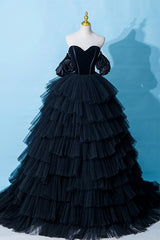 Bodycon Dress, Black Tulle Layers Long Formal Dress, Black A-Line Strapless Evening Dress