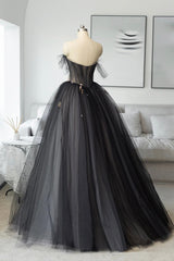 Wedding Guest Dress, Black Tulle Long Prom Dress, Black A-Line Strapless Evening Dress