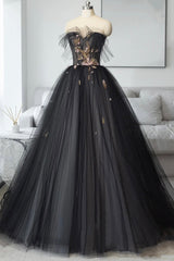 Prom Dresses Sage Green, Black Tulle Long Prom Dress, Black A-Line Strapless Evening Dress
