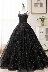 Bridesmaid Dresses Different Style, Black Tulle Long Prom Dress, Black Spaghetti Straps Formal Evening Gown