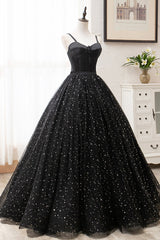 Bridesmaid Dress Different Styles, Black Tulle Long Prom Dress, Black Spaghetti Straps Formal Evening Gown