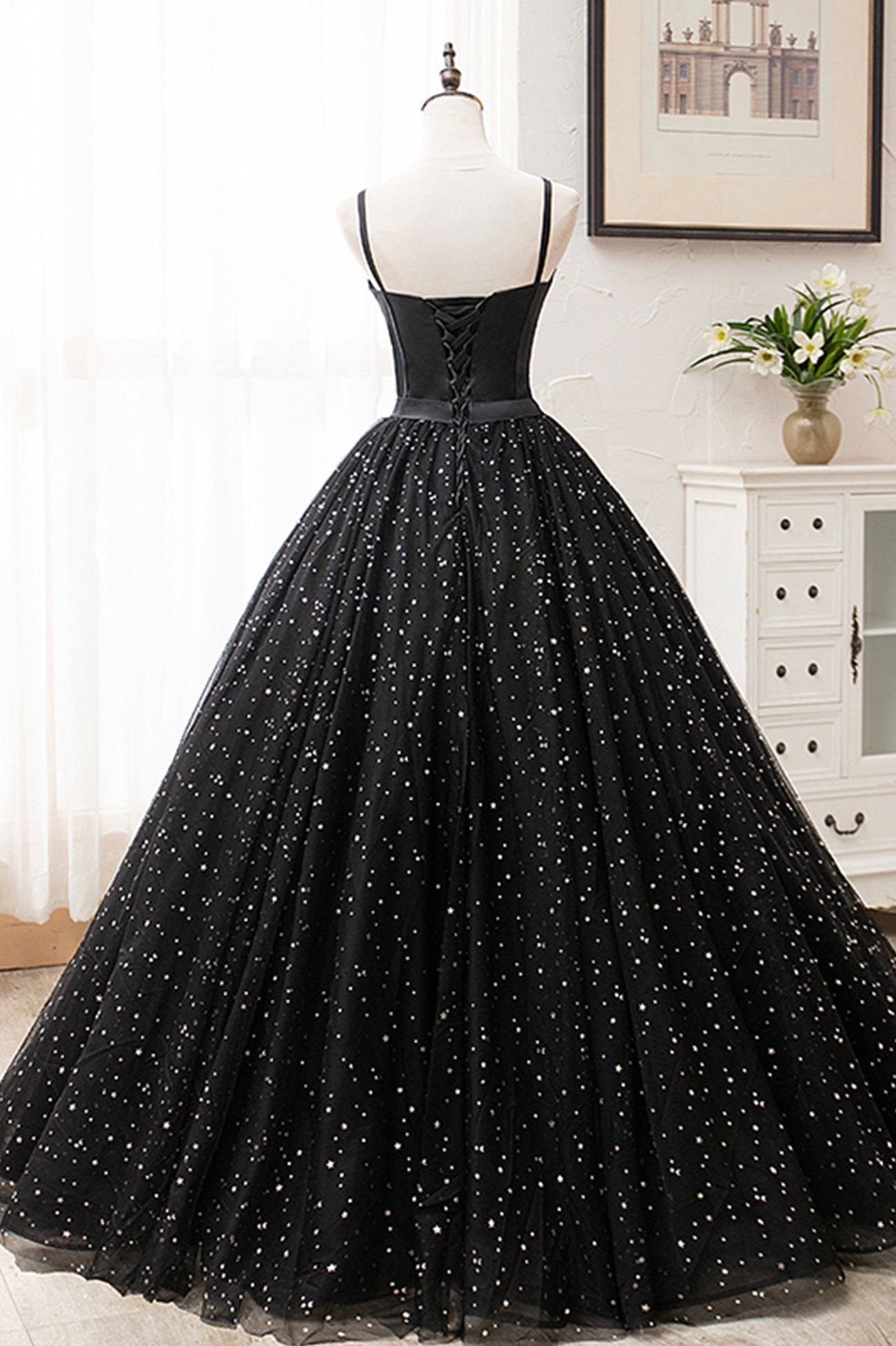 Bridesmaid Dress Inspo, Black Tulle Long Prom Dress, Black Spaghetti Straps Formal Evening Gown