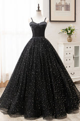 Bridesmaids Dresses Different Styles, Black Tulle Long Prom Dress, Black Spaghetti Straps Formal Evening Gown