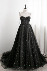 Bridesmaid Dress Trends, Black Tulle Long Prom Dress with Stars, Cute Spaghetti Straps Graduation Dress