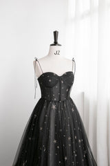 Bridesmaid Dress Color, Black Tulle Long Prom Dress with Stars, Cute Spaghetti Straps Graduation Dress