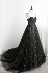 Bridesmaid Dress Long, Black Tulle Long Prom Dress with Stars, Cute Spaghetti Straps Graduation Dress