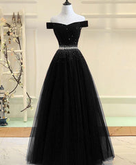 Bridesmaid Dresses Colorful, Black Tulle Off Shoulder Beaded Party Dress , Black New Dress for Party