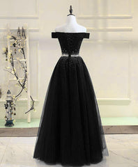 Bridesmaid Dresses Cheap, Black Tulle Off Shoulder Beaded Party Dress , Black New Dress for Party