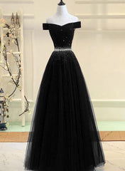 Bridesmaid Dresses Color, Black Tulle Off Shoulder Beaded Party Dress , Black New Dress for Party