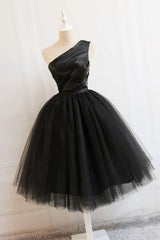 Bridesmaid Dresses Different Styles, Black Tulle One Shoulder Elegant Tea Length Party Dress, Black Formal Dress