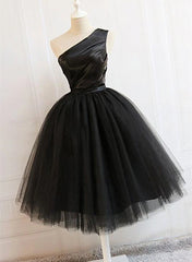Bridesmaid Dress 2022, Black Tulle One Shoulder Elegant Tea Length Party Dress, Black Formal Dress