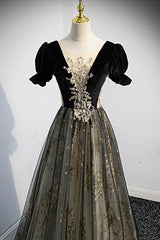 Fancy Dress, Black Tulle Sequins Long Prom Dress, Black A-Line Formal Evening Dress