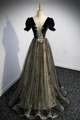 Pretty Dress, Black Tulle Sequins Long Prom Dress, Black A-Line Formal Evening Dress